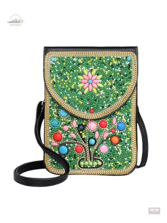 Handbags - Handmade Beaded Crossbody Bag with Leather Trim, Adjustable Strap, Fits Cell